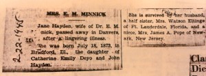 Obituary of Jane Hayden in Haviland-Heidgerd collection at Elting Library; reveals family connection.