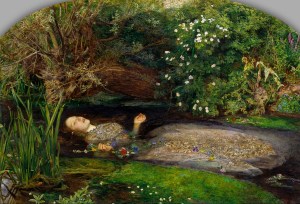 This painting is held in the Tate Britain Gallery in London. It depicts Ophelia singing before she drowns in the river in Denmark. The work was not widely regarded when first exhibited at the Royal Academy, but has since come to be admired for its beauty and its accurate depiction of a natural landscape. 
